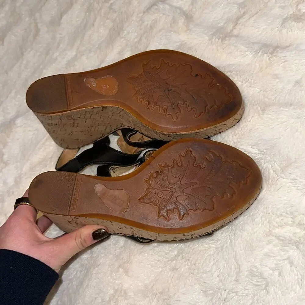 Born Black Patent Leather Cork Wedge Sandals | Sz 7